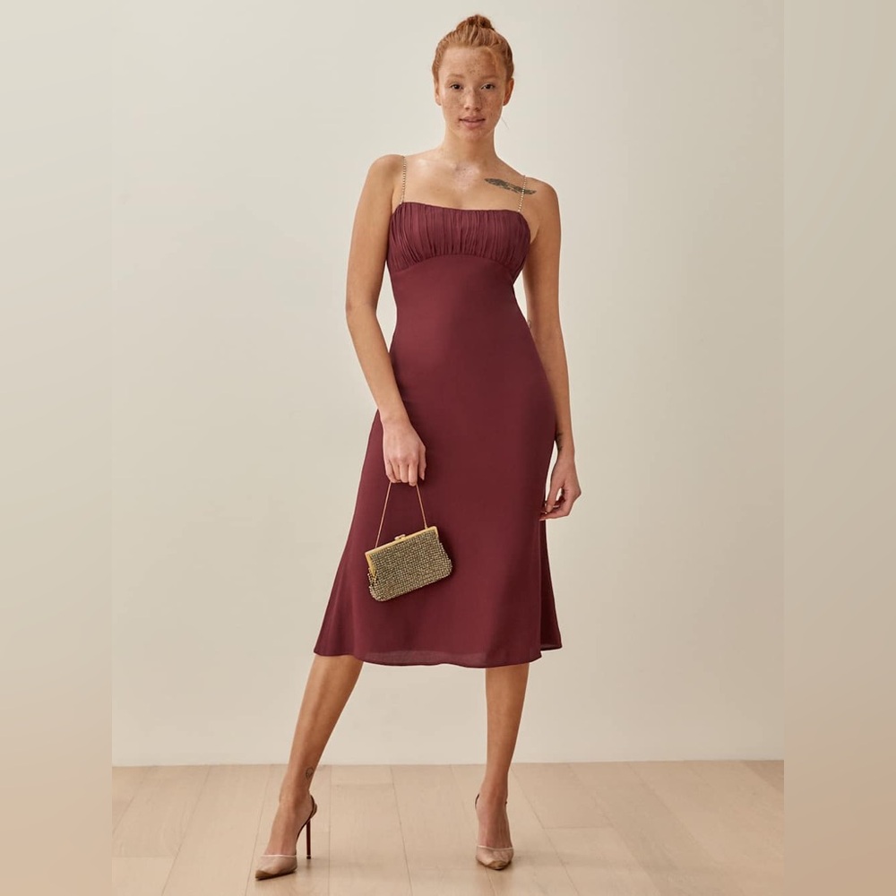 REFORMATION The Gray Burgundy Jewel Rhinestone Strap Midi Dress Size 2 NWT